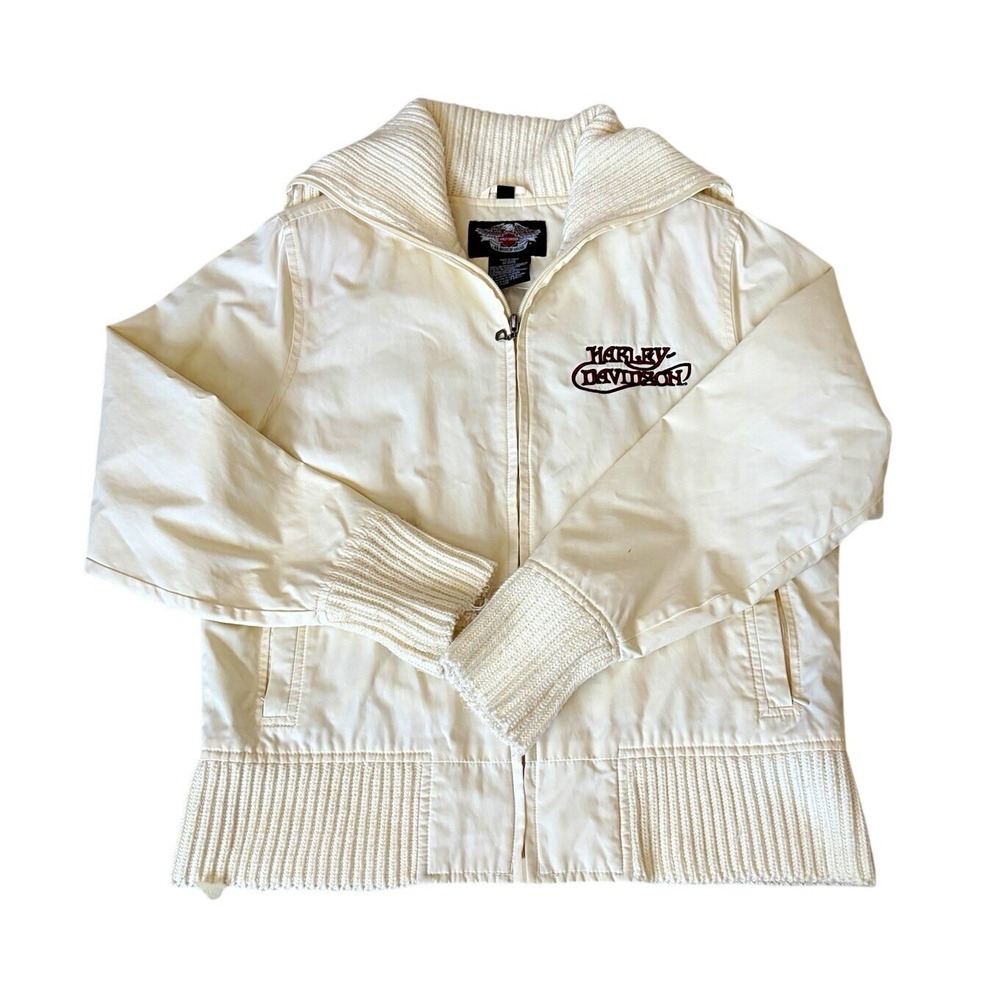 Harley-Davidson White Full Zip Jacket Rib Knit heart Embroidered Logo M